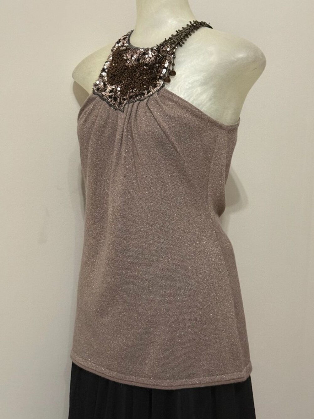 Charlotte Tarantola Y2K Sequin Beaded Angora Metallic Halter Top M Bronze Party